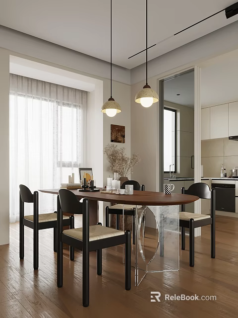 Modern Dining Room Interior With Wooden Table Black Chairs Hanging Lights And White Curtains 3d model 