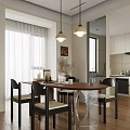 Modern Dining Room Interior With Wooden Table Black Chairs Hanging Lights And White Curtains