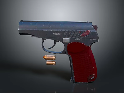 Detailed Pistol Displaying Red Grip 9MM Caliber Metallic Surface And Bullets 3d model