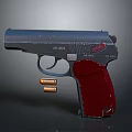 Detailed Pistol Displaying Red Grip 9MM Caliber Metallic Surface And Bullets