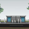 Bus Station With Waiting Shelter Information Board Green Trees And People Waiting