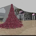 Modern Restaurant Interior With Red Floral Wall Pink Umbrellas And Open Seating Area