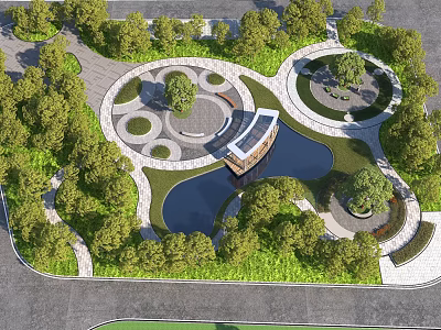 Scenic Park Landscape Design With Lush Trees Circular Plazas Central Pond And Winding Walkways 3d model