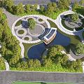 Scenic Park Landscape Design With Lush Trees Circular Plazas Central Pond And Winding Walkways