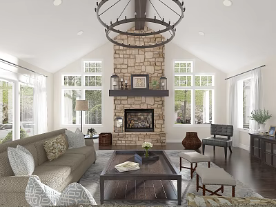 Bright Spacious Living Room Interior With Stone Fireplace Comfortable Sofas And Large Natural Windows 3d model