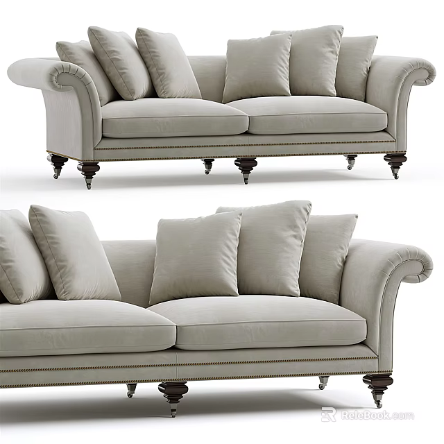 Light Gray Two-seater Sofa With Classic Design Rolled Arms Plush Cushions And Dark Wooden Legs 3d model 