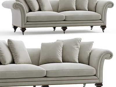 Light Gray Two-seater Sofa With Classic Design Rolled Arms Plush Cushions And Dark Wooden Legs 3d model