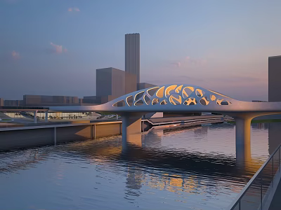 Scenic Modern Landscape Bridge Over River With Architectural Lighting And City Skyline 3d model