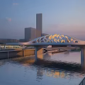 Scenic Modern Landscape Bridge Over River With Architectural Lighting And City Skyline