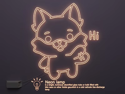 Cute Cartoon Fox Neon Lamp With Hi Lettering And Decorative Design For Room Decor 3d model