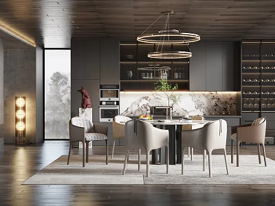 Modern Restaurant Interior With Round Pendant Lights Dining Table And Wine Storage 3d model