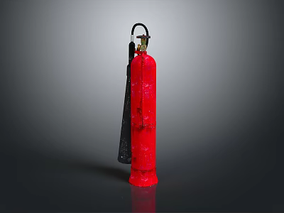 Red Household Fire Extinguisher With Black Nozzle Top Handle And Gray Background 3d model