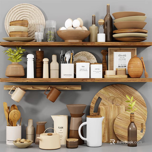 Wooden Kitchen Shelves Organizing Various Kitchenware Plates Mugs Jars And Cutting Tools 3d model 