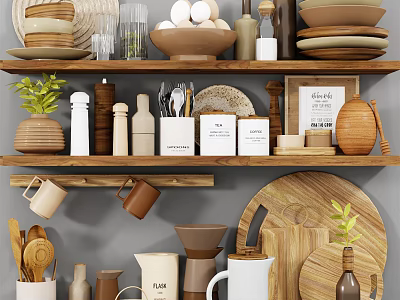 Wooden Kitchen Shelves Organizing Various Kitchenware Plates Mugs Jars And Cutting Tools 3d model