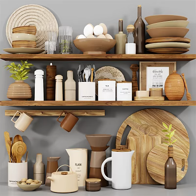 Wooden Kitchen Shelves Organizing Various Kitchenware Plates Mugs Jars And Cutting Tools 3d model