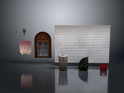 Home Furniture Assortment With Window Blinds Curtains Trash Can And Decorative Pieces 3d model