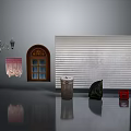 Home Furniture Assortment With Window Blinds Curtains Trash Can And Decorative Pieces