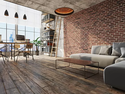 Industrial Office Space With Exposed Brick Wall Wooden Floor Sofa Bookshelf And Pendant Lights 3d model