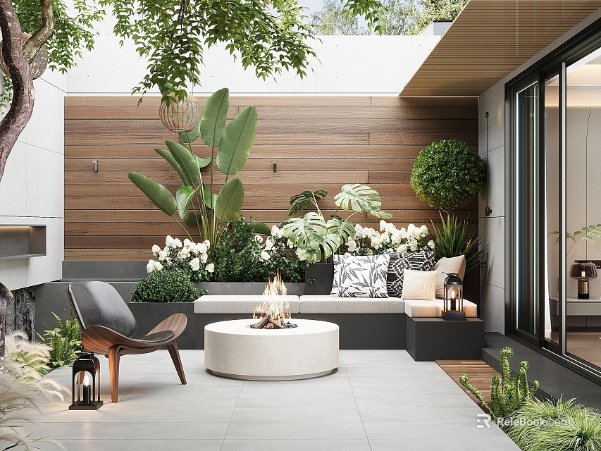 Courtyard Garden Patio With Lush Plants Cozy Seating Fire Pit And Glass Doors 3d model 