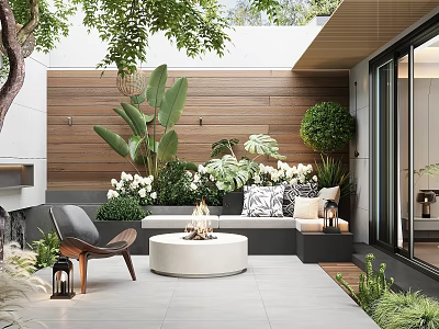 Courtyard Garden Patio With Lush Plants Cozy Seating Fire Pit And Glass Doors 3d model