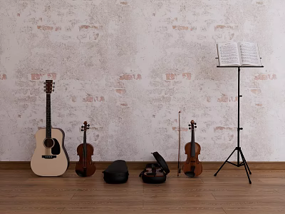 Musical Instruments with Acoustic Guitar Violins Music Stand Sheet Music on Brick Wall Wooden Floor 3d model