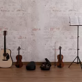 Musical Instruments with Acoustic Guitar Violins Music Stand Sheet Music on Brick Wall Wooden Floor