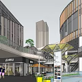 PRIMA Modern Office Building with High Rise Buildings Shopping Mall Escalators Pedestrians and Greenery