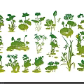 Green and Yellow Aquatic Plant Pattern Wall Decor with Lotus Leaves Flowers Reed and Bamboo
