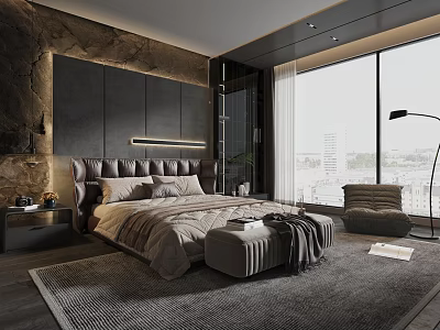 Modern Bedroom Interior With Upholstered Headboard Floor-to-Ceiling Windows City View Rug And Ottoman 3d model
