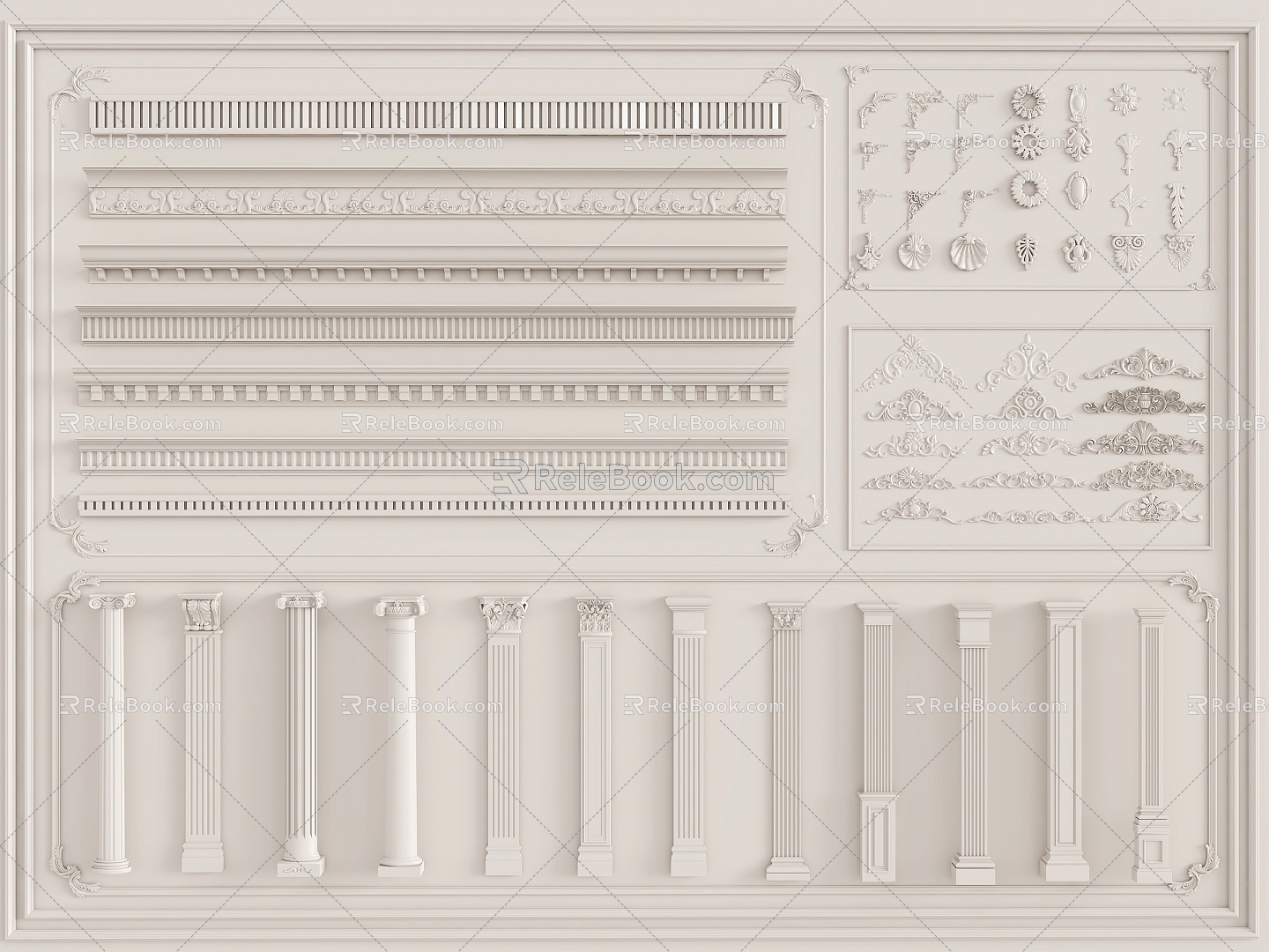 French carved plaster line French Roman column top corner line 3d model