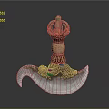 Ornate Decorative Weapon with Golden Crown Top and Polished Silver Blade Design