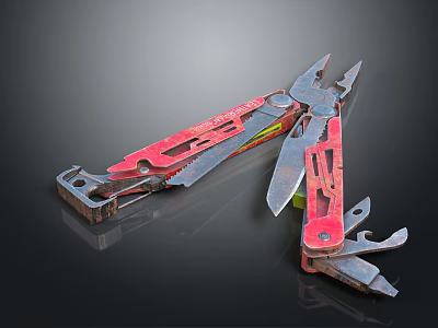Red Multi Tool Weapon Featuring Pliers Blades and Red Metal Construction Design 3d model