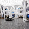 Modern Reception Hall Design With Curved Desk Marble Floor And NOVO Signage