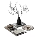 Ornamental Decor Set With Black Vase Dried Branches Metal Trays And Decorative Plates