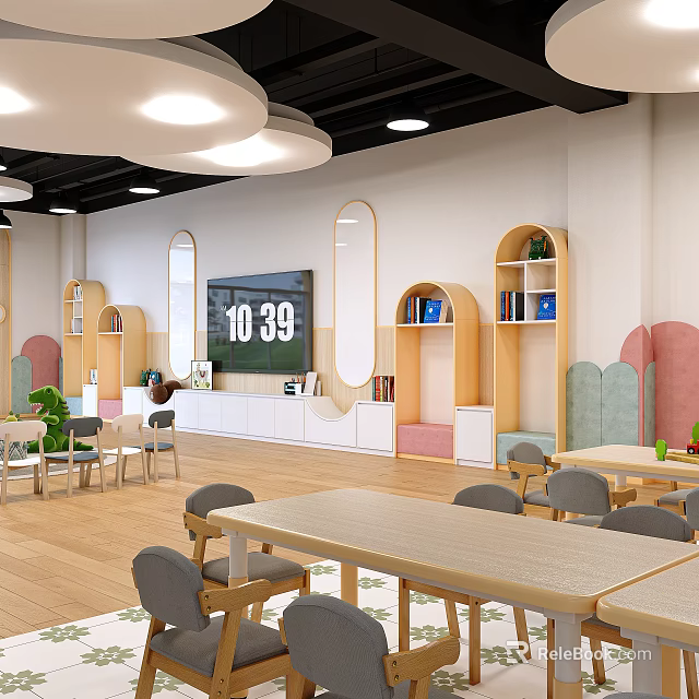 Kindergarten Classroom Interior With Round Lights Wooden Tables Shelves Digital Clock And Colorful Decor 3d model 