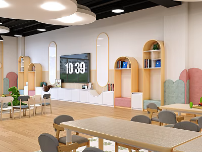 Kindergarten Classroom Interior With Round Lights Wooden Tables Shelves Digital Clock And Colorful Decor 3d model