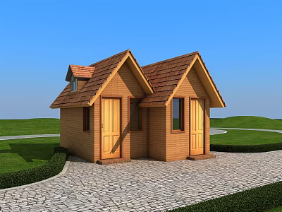 Charming Wooden House With Brown Roof Two Doors Green Lawn Cobblestone Path Blue Sky 3d model