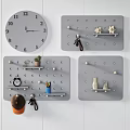 Functional Wall Decor With Round Clock Gray Pegboards Hooks And Decorative Items 3d model