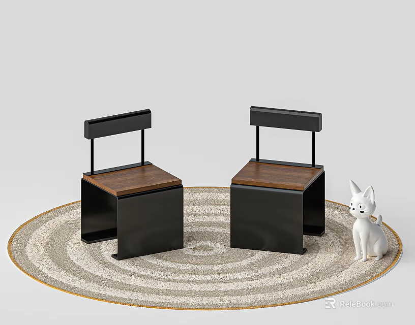 Modern Single Chair With Black Metal Frame Wooden Seat And Backrest On Round Rug 3d model 
