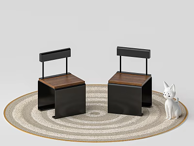 Modern Single Chair With Black Metal Frame Wooden Seat And Backrest On Round Rug 3d model