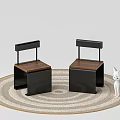 Modern Single Chair With Black Metal Frame Wooden Seat And Backrest On Round Rug
