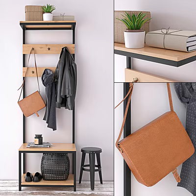 Modern Shoe Cabinet with Wooden Shelves Metal Frame for Hanging Coats Bags and Decorative Stool 3d model