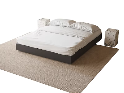 Modern Double Bed With White Sheets Black Frame And Marble Nightstands On Beige Rug 3d model