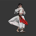 Couple In Traditional Folk Costumes With Red Accents Dancing On Gray Background
