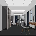 Modern Public Office Space with Windows Blue Curtains Desks Office Chairs Tripod Equipment and Posters