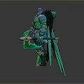 Green And Blue Armored Muscular Warrior With Spiked Blades And Ornate Details