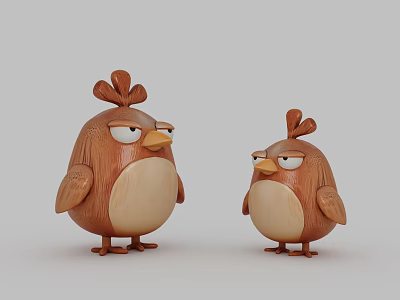 Wooden Bird Shaped Decorative Figurine Set With Angry Expression For Home Decor 3d model