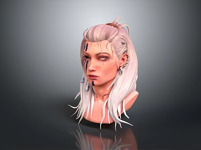 3D Rendered Fantasy Game Movie Character With Pink White Hair Blue Facial Markings And Earrings 3d model
