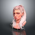 3D Rendered Fantasy Game Movie Character With Pink White Hair Blue Facial Markings And Earrings