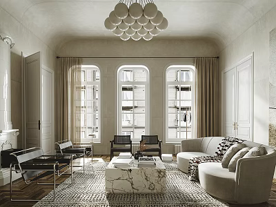 Modern Living Room Interior With Chandelier Marble Coffee Table Sofa Rug And Curtains 3d model